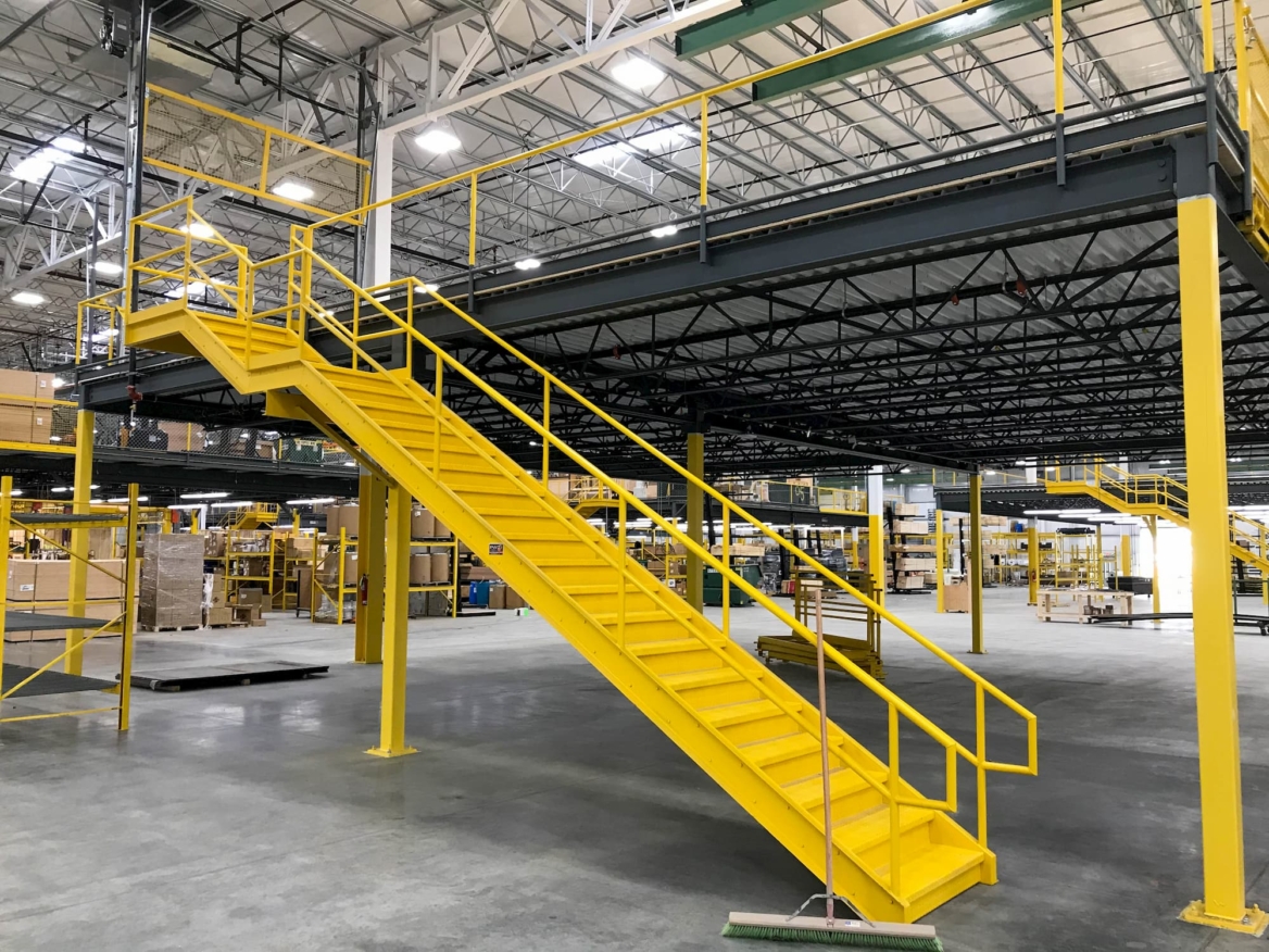 Industrial Stair with Mid Landing and Top Landing Attaching to Mezzanine